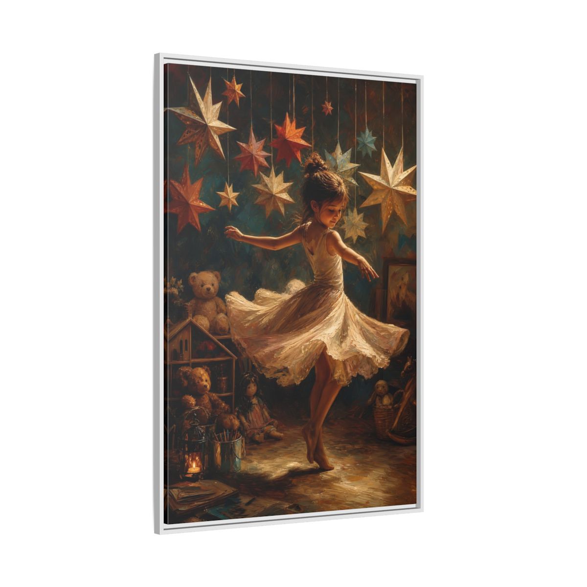 Side Mockup 7. Fairytale Dancing Girl Childhood Stars Art shown as framed canvas print