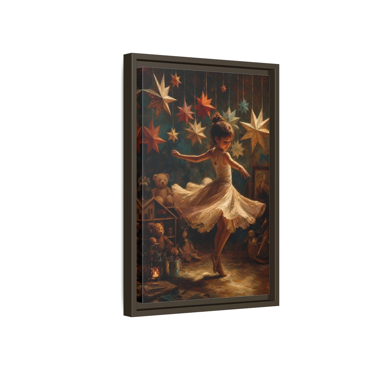 Side Mockup 5. Fairytale Dancing Girl Childhood Stars Art shown as framed canvas print