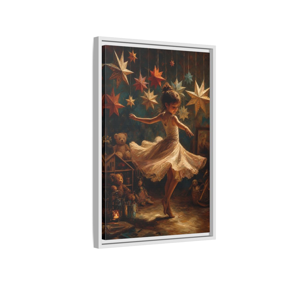 Side Mockup 1. Fairytale Dancing Girl Childhood Stars Art shown as framed canvas print