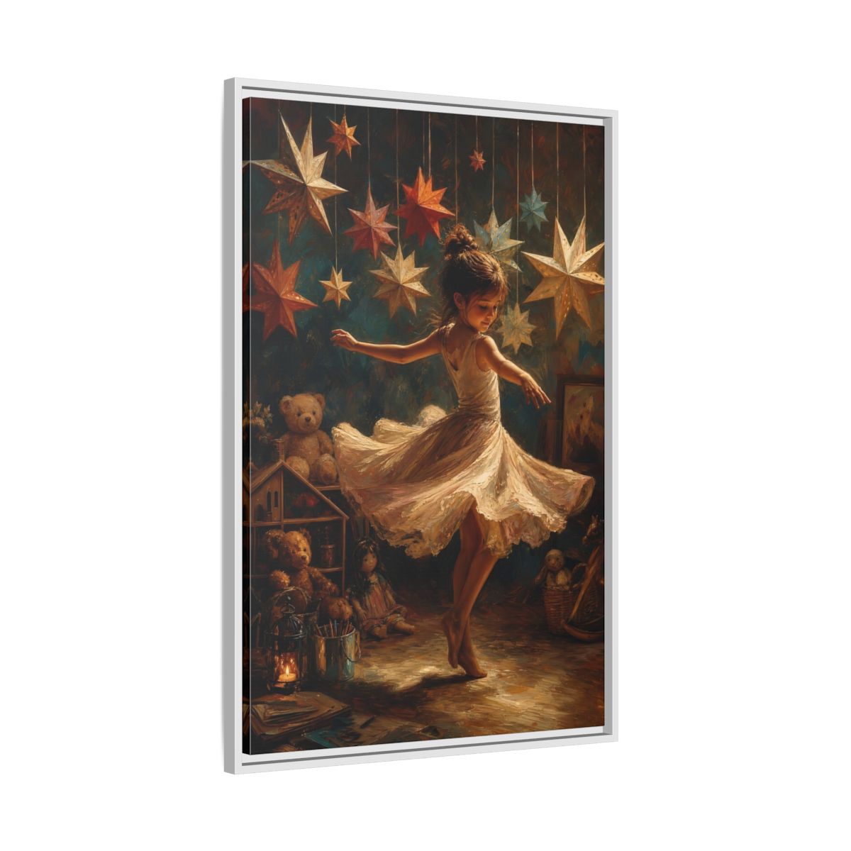 Side Mockup 9. Fairytale Dancing Girl Childhood Stars Art shown as framed canvas print