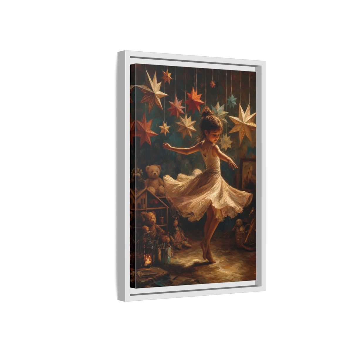 Side Mockup 4. Fairytale Dancing Girl Childhood Stars Art shown as framed canvas print