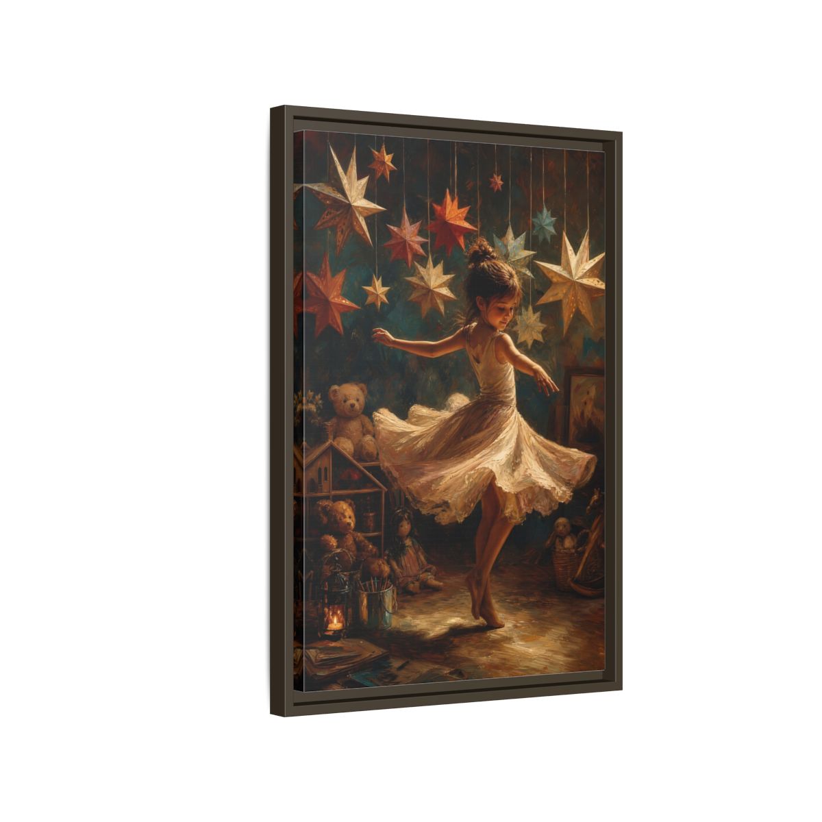 Side Mockup 2. Fairytale Dancing Girl Childhood Stars Art shown as framed canvas print