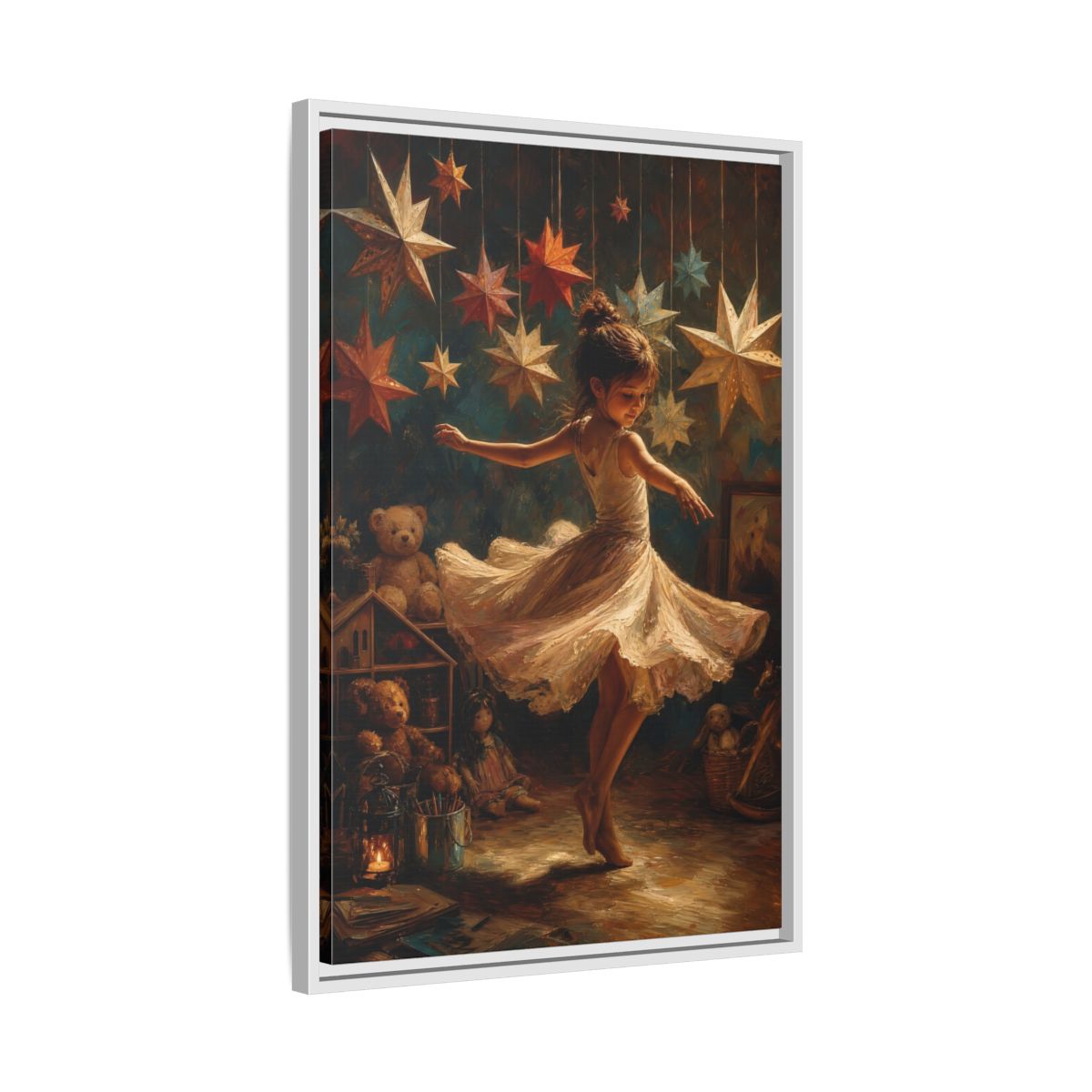 Side Mockup 10. Fairytale Dancing Girl Childhood Stars Art shown as framed canvas print