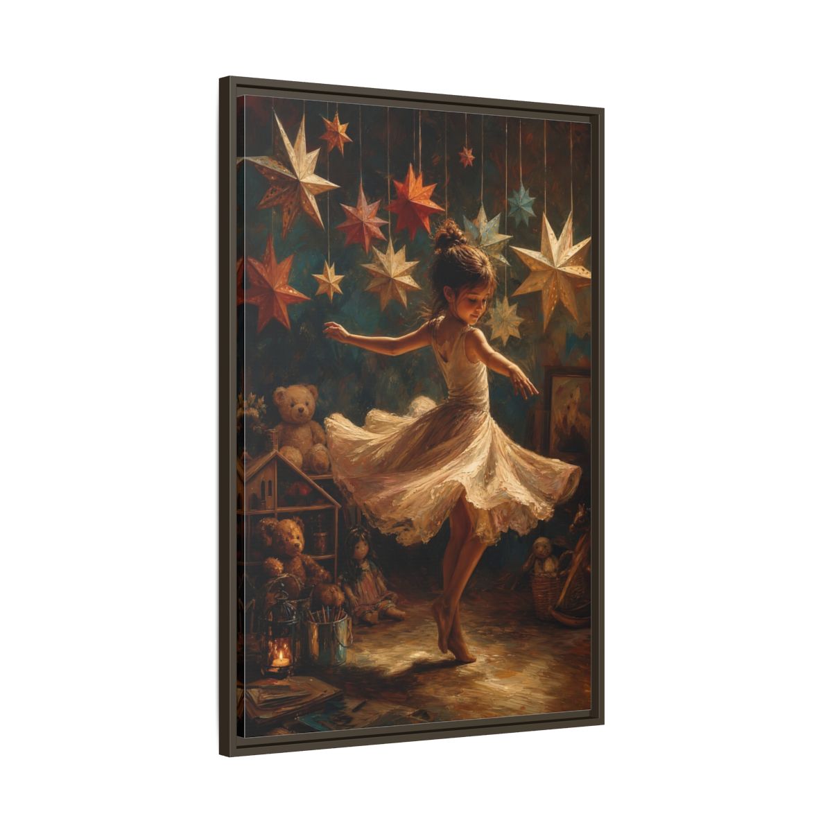 Main Mockup. Fairytale Dancing Girl Childhood Stars Art shown as framed canvas print