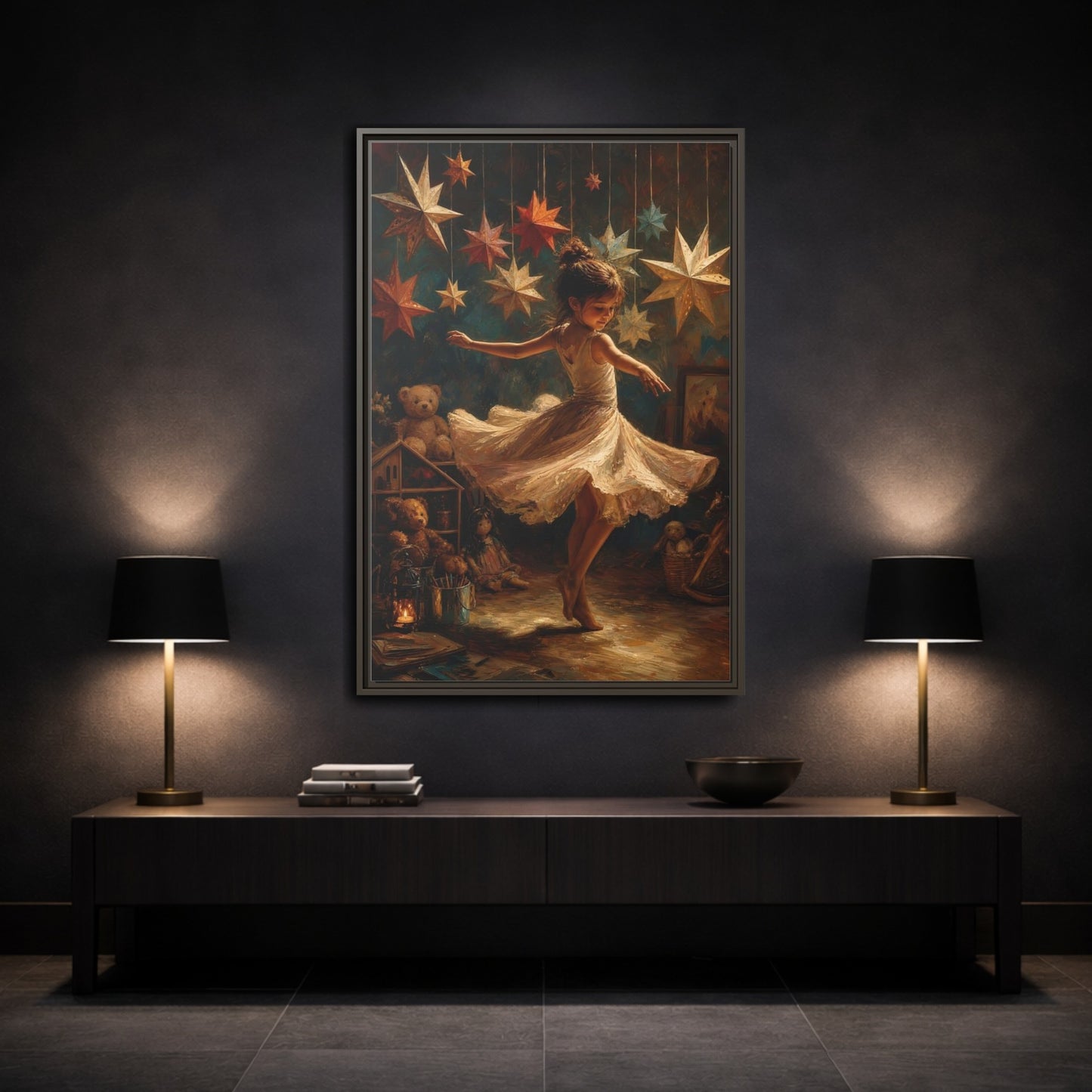Mockup 3. Fairytale Dancing Girl Childhood Stars Art shown as framed canvas print