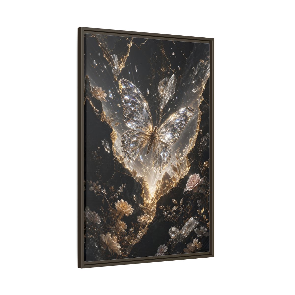 Main Mockup. Fairytale Diamond Butterfly Gold And Black shown as stretched canvas wall art