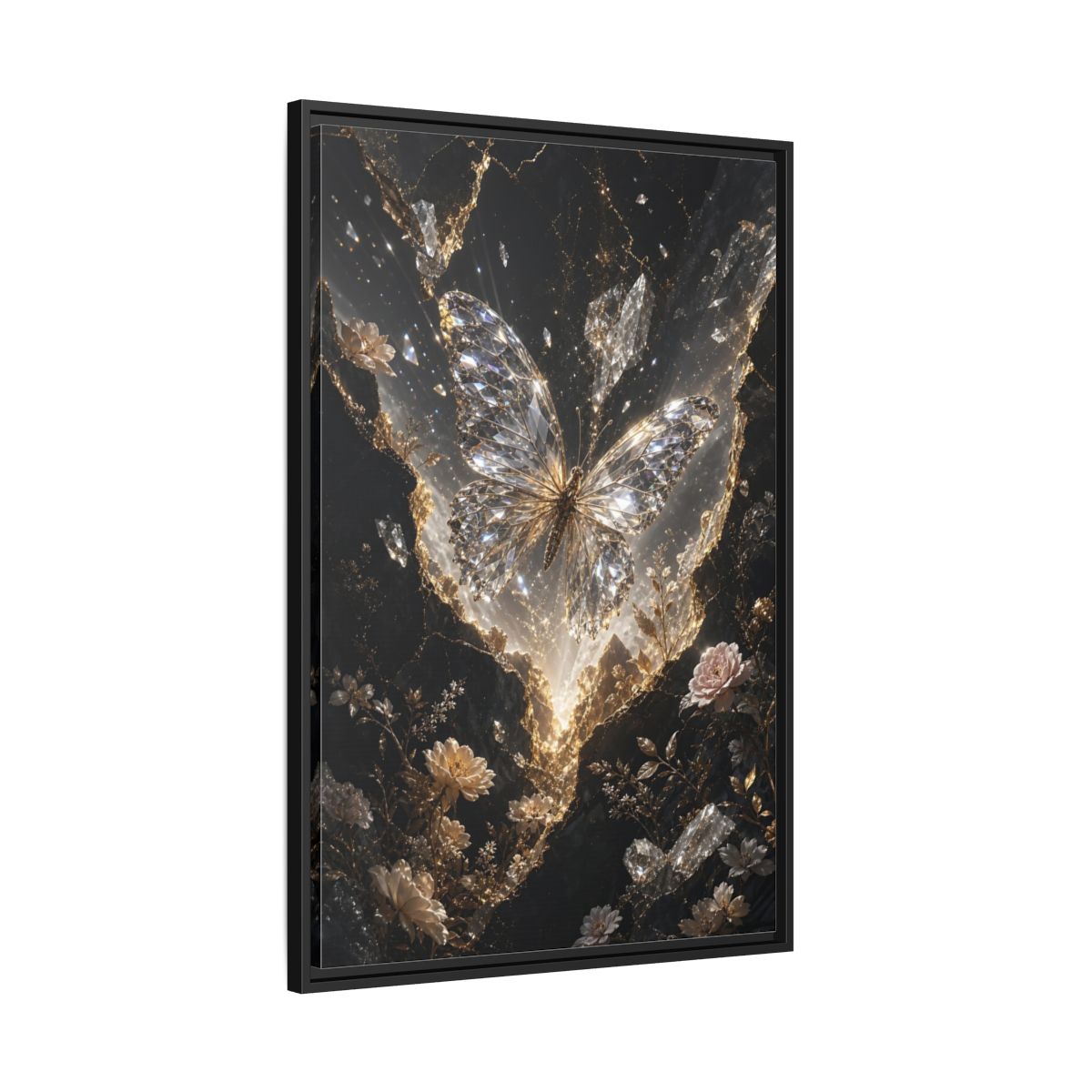 Side Mockup 13. Fairytale Diamond Butterfly Gold And Black shown as stretched canvas wall art