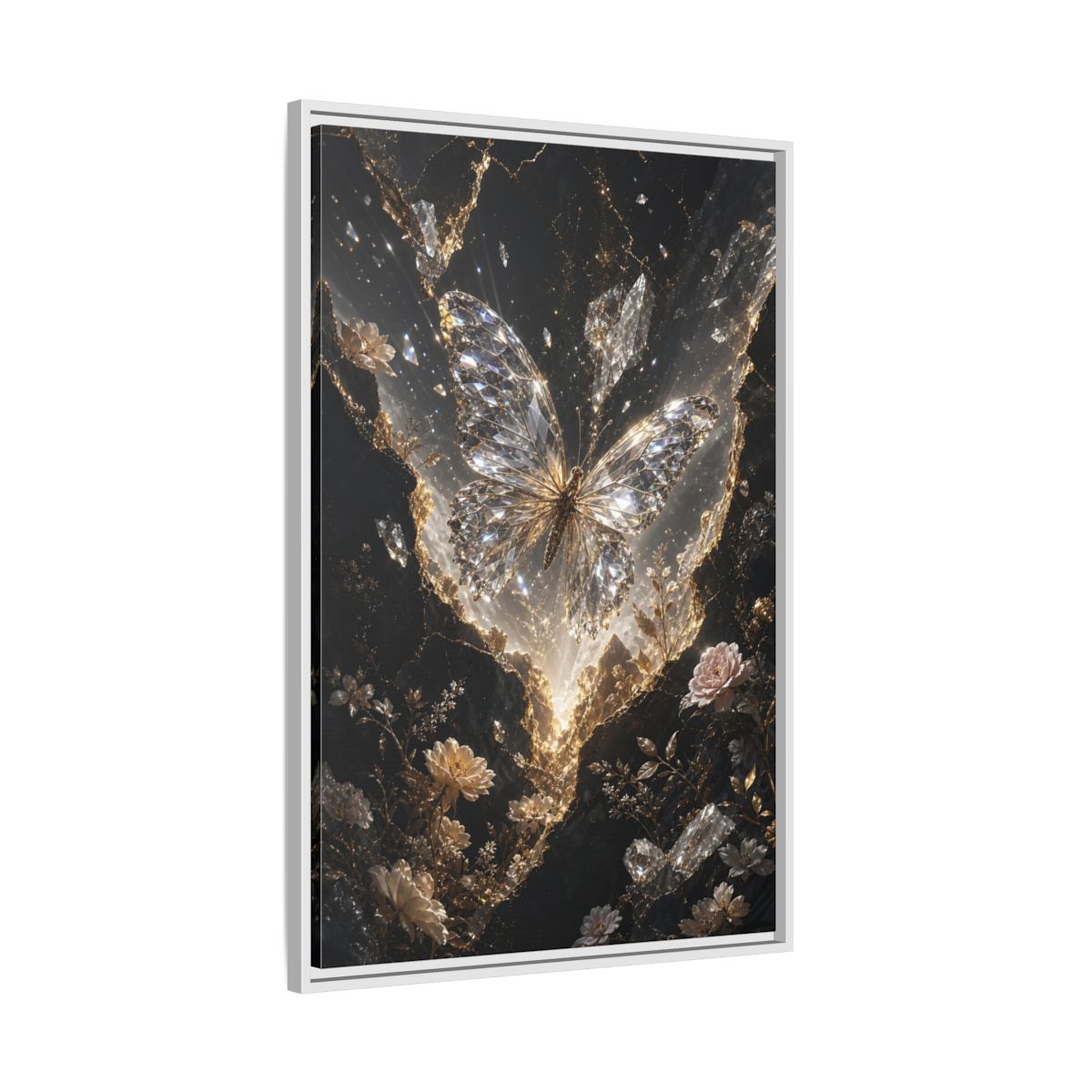Side Mockup 9. Fairytale Diamond Butterfly Gold And Black shown as stretched canvas wall art