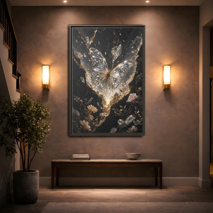 Mockup 2. Fairytale Diamond Butterfly Gold And Black shown as stretched canvas wall art