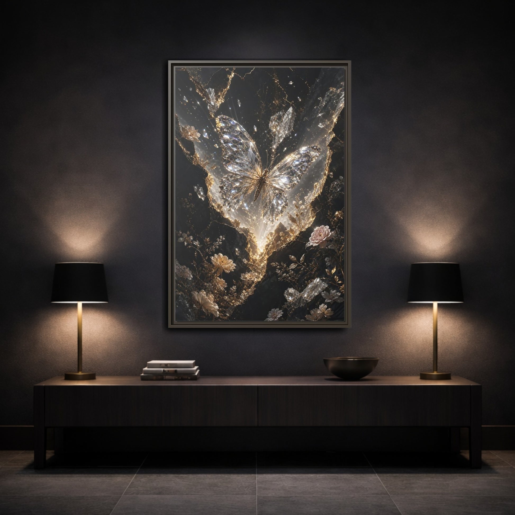 Mockup 3. Fairytale Diamond Butterfly Gold And Black shown as stretched canvas wall art