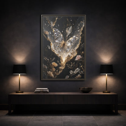 Mockup 3. Fairytale Diamond Butterfly Gold And Black shown as stretched canvas wall art
