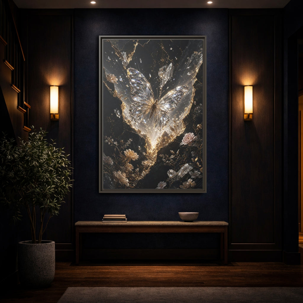 Mockup 4. Fairytale Diamond Butterfly Gold And Black shown as stretched canvas wall art