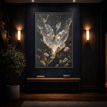 Mockup 4. Fairytale Diamond Butterfly Gold And Black shown as stretched canvas wall art