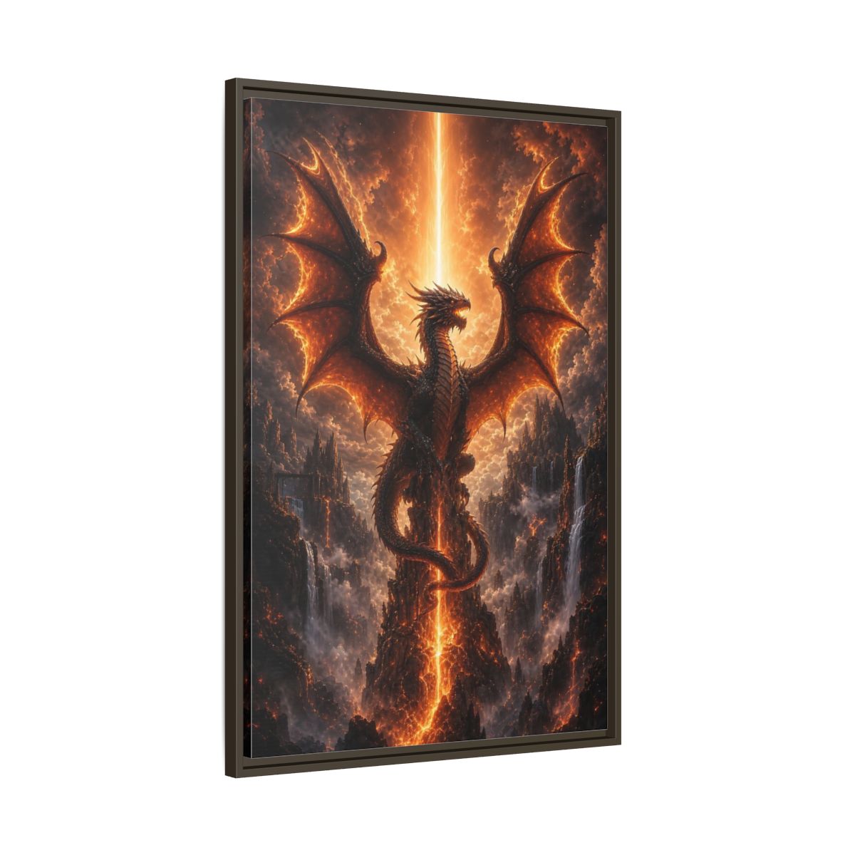 Fairytale Dragon Fiery Scene Framed Canvas Wall Art - Living Room, Above Sofa, Orange shown as canvas wall art