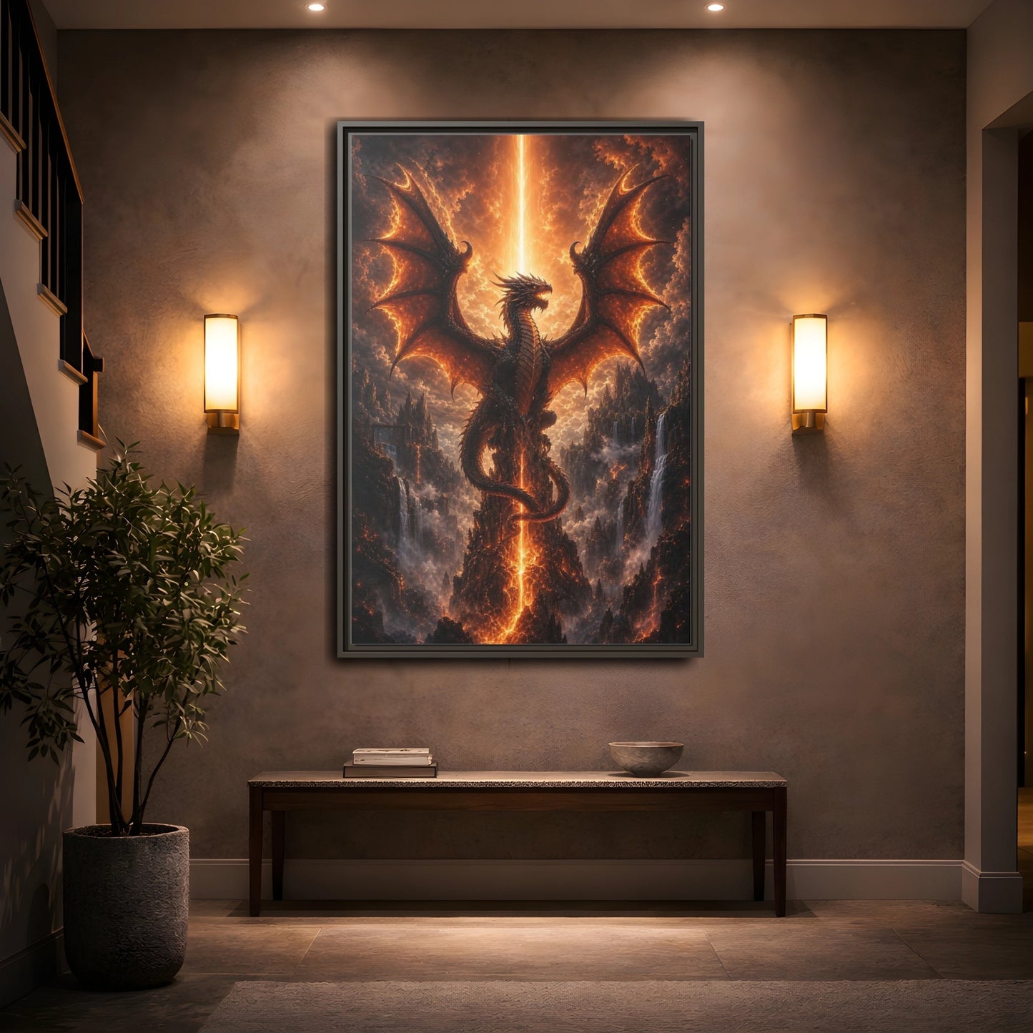 Fairytale Dragon Fiery Scene Framed Canvas Wall Art - Living Room, Above Sofa, Orange shown as canvas wall art