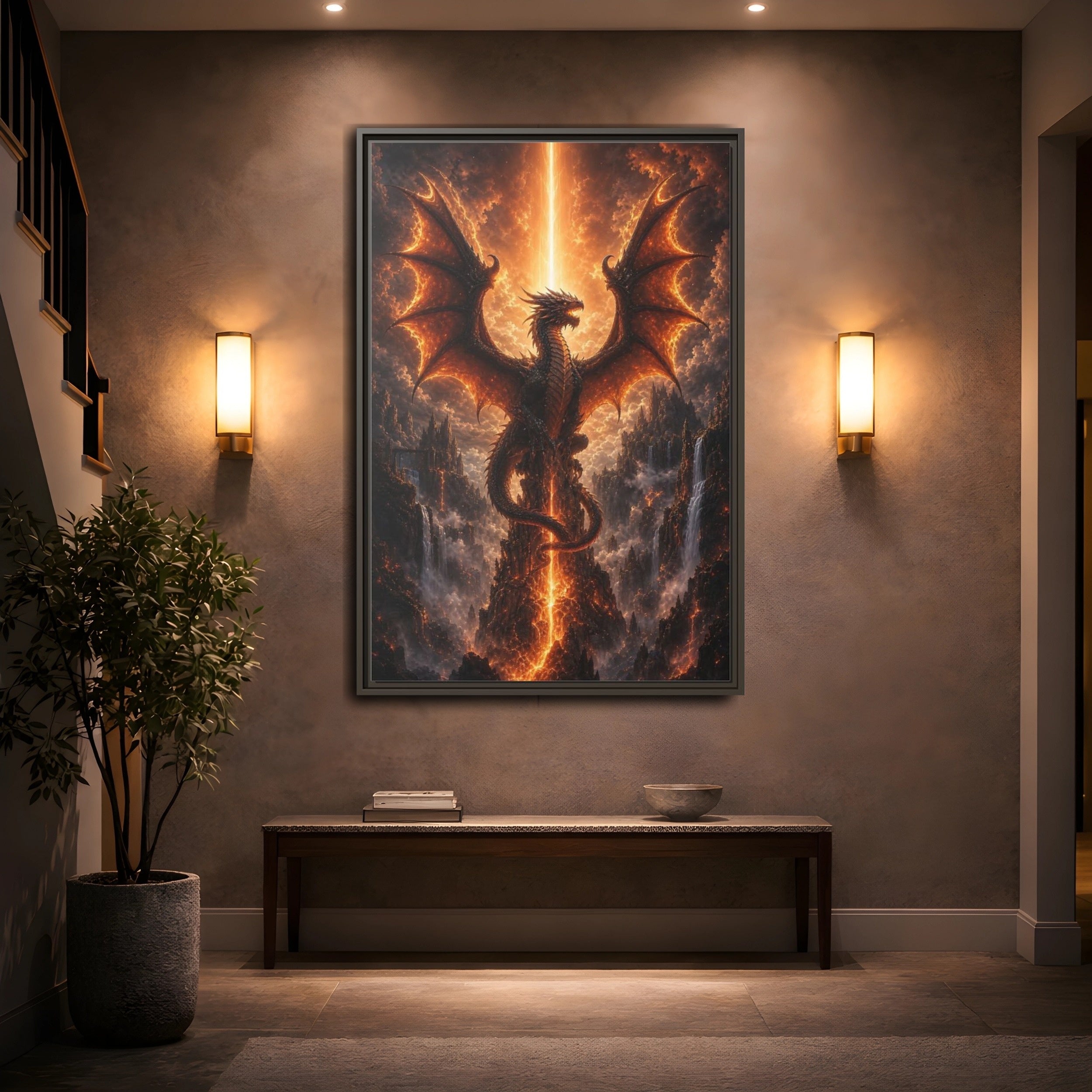 Mockup 2. Fairytale Dragon Fiery Dragon Scene shown as stretched canvas wall art