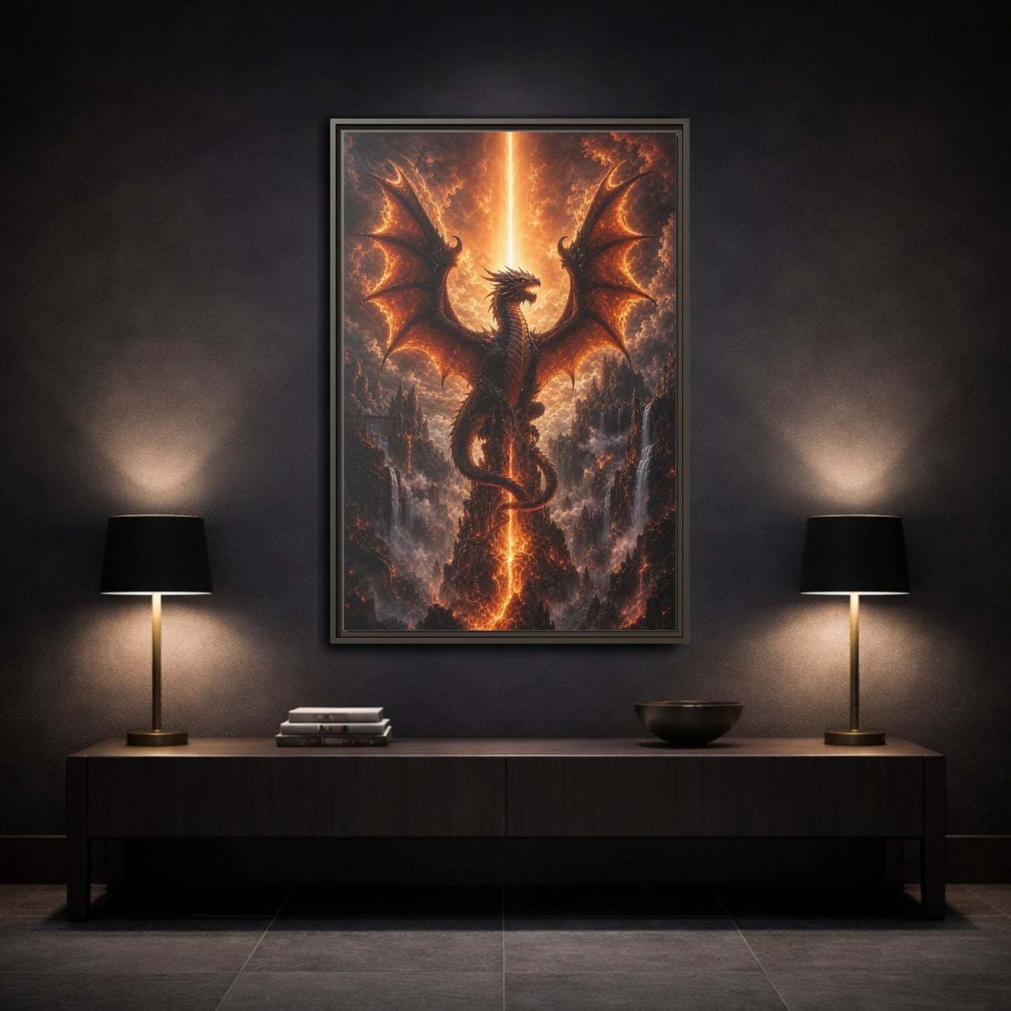 Fairytale Dragon Fiery Scene Framed Canvas Wall Art - Living Room, Above Sofa, Orange shown as canvas wall art