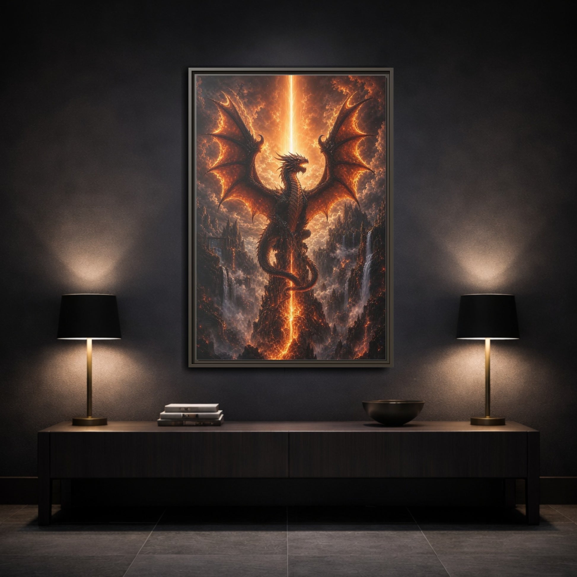 Fairytale Dragon Fiery Scene Framed Canvas Wall Art - Living Room, Above Sofa, Orange shown as canvas wall art