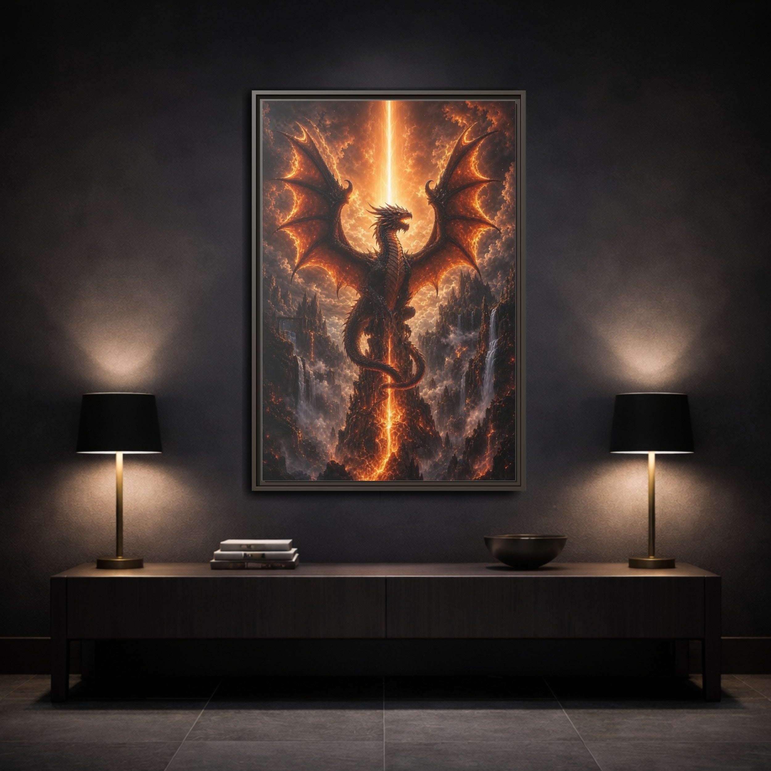 Mockup 3. Fairytale Dragon Fiery Dragon Scene shown as stretched canvas wall art