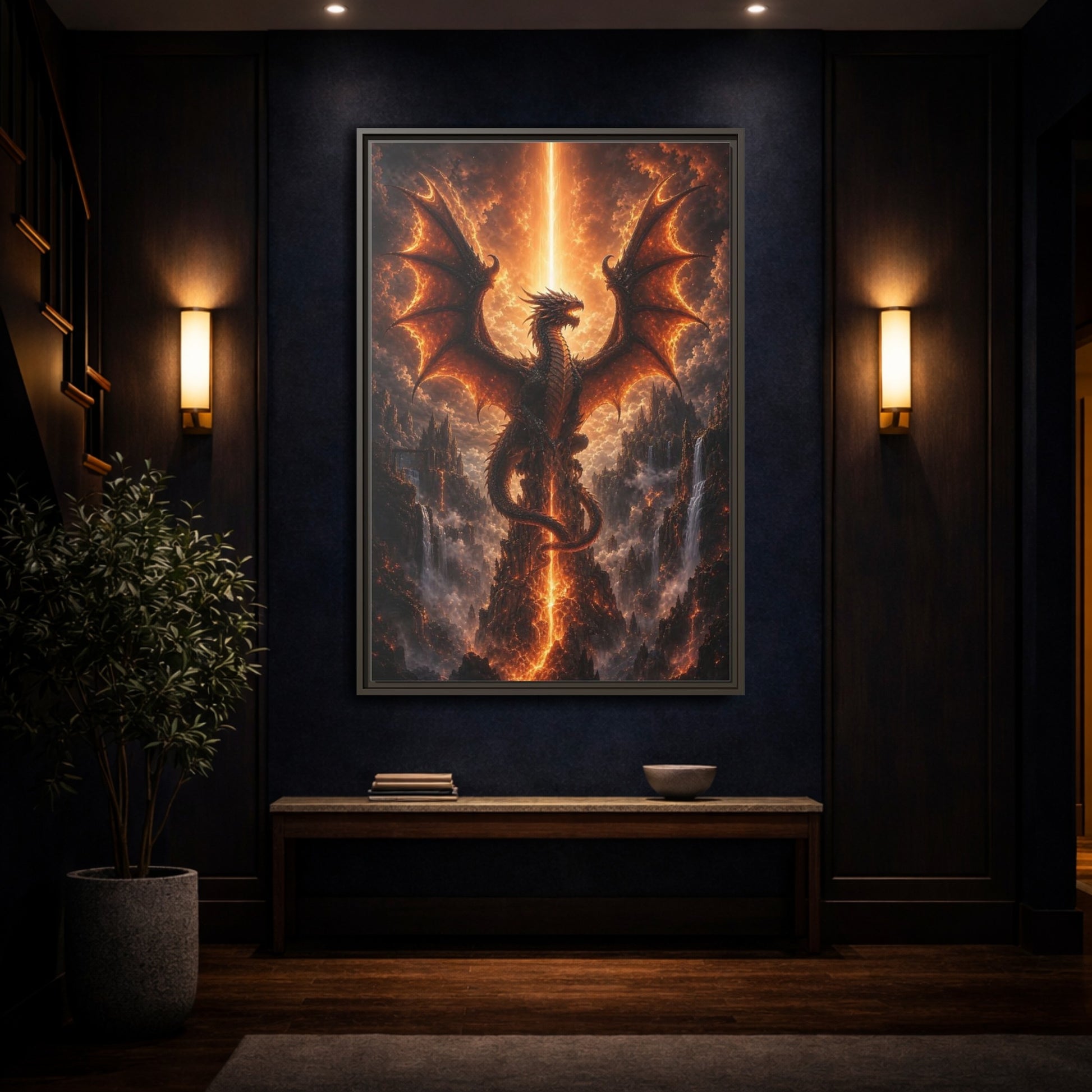 Fairytale Dragon Fiery Scene Framed Canvas Wall Art - Living Room, Above Sofa, Orange shown as canvas wall art