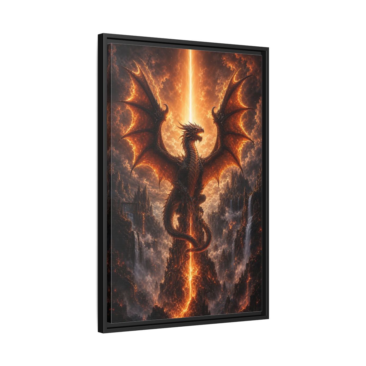 Fairytale Dragon Fiery Scene Framed Canvas Wall Art - Living Room, Above Sofa, Orange shown as canvas wall art