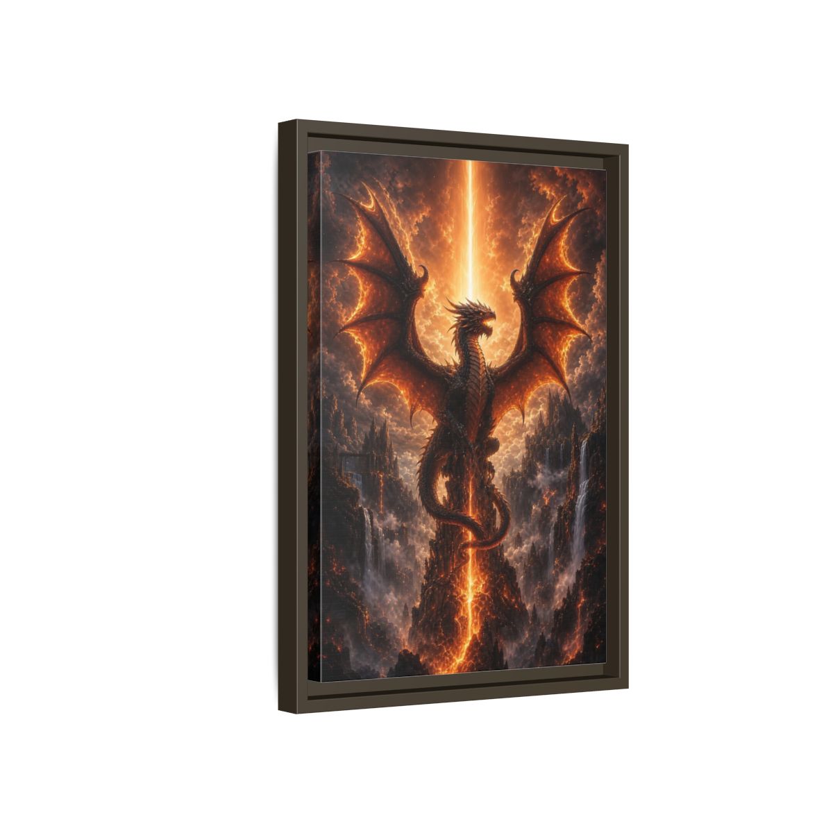 Fairytale Dragon Fiery Scene Framed Canvas Wall Art - Living Room, Above Sofa, Orange shown as canvas wall art