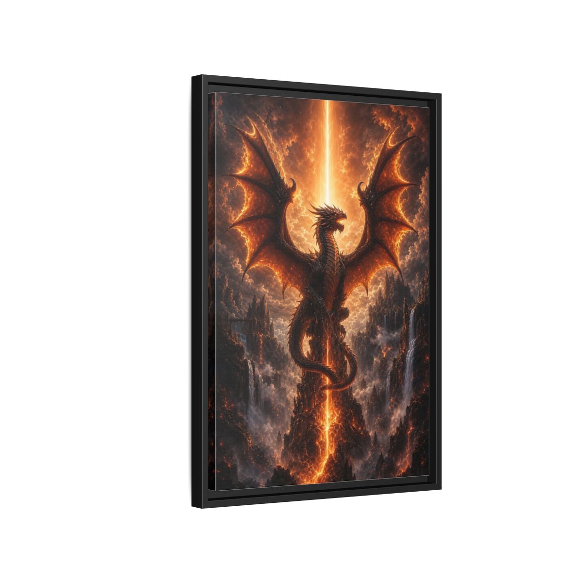Fairytale Dragon Fiery Scene Framed Canvas Wall Art - Living Room, Above Sofa, Orange shown as canvas wall art