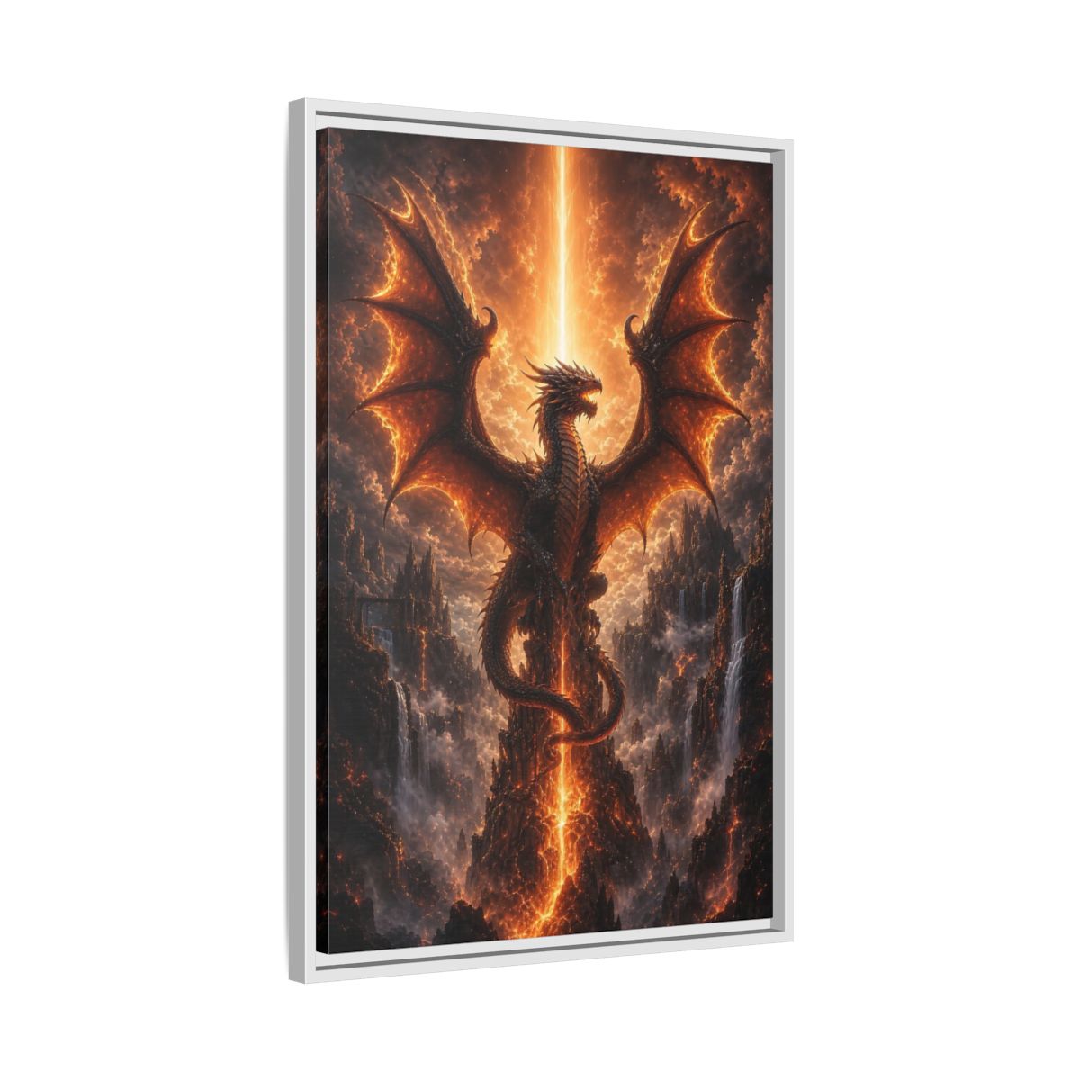 Fairytale Dragon Fiery Scene Framed Canvas Wall Art - Living Room, Above Sofa, Orange shown as canvas wall art
