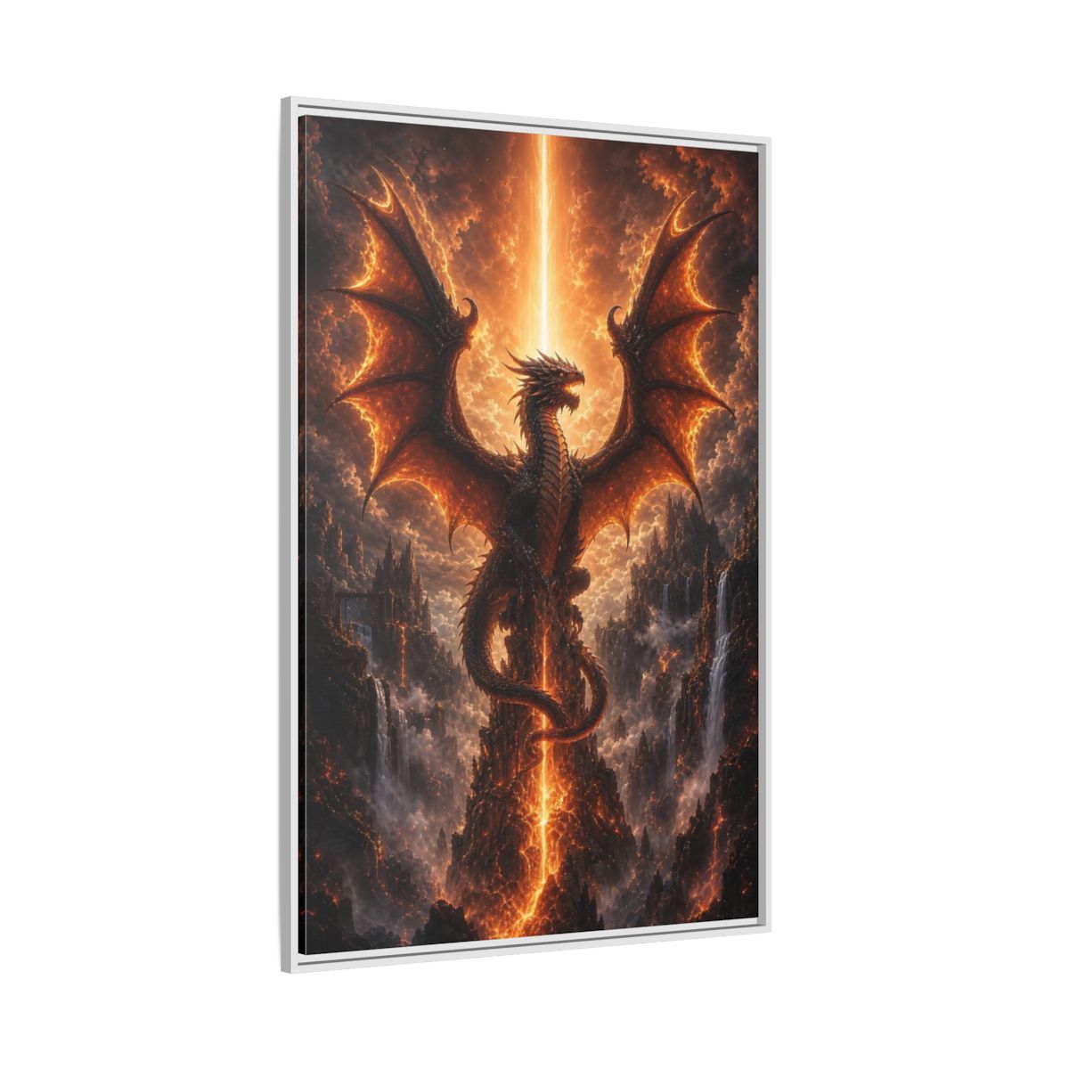 Fairytale Dragon Fiery Scene Framed Canvas Wall Art - Living Room, Above Sofa, Orange shown as canvas wall art