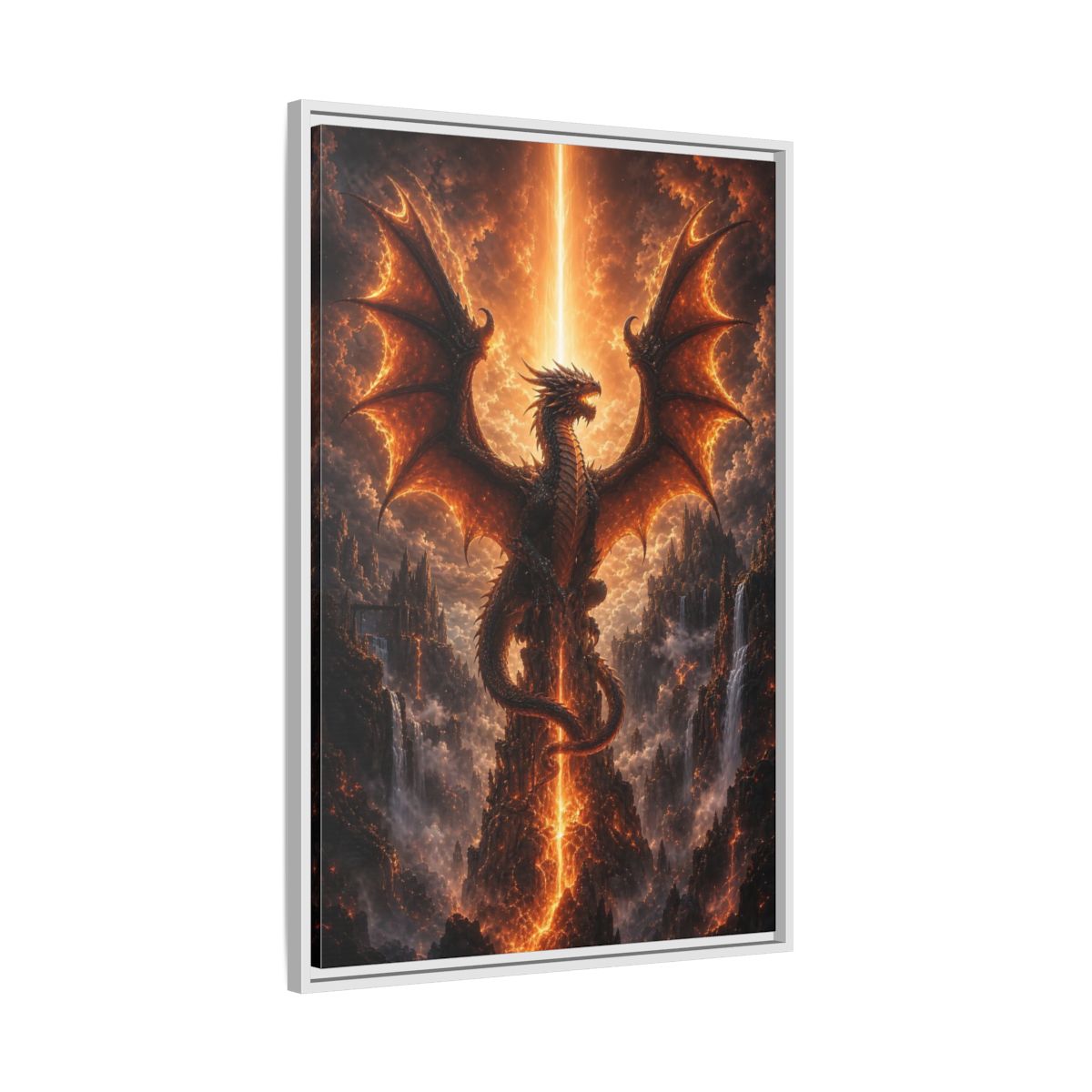 Fairytale Dragon Fiery Scene Framed Canvas Wall Art - Living Room, Above Sofa, Orange shown as canvas wall art