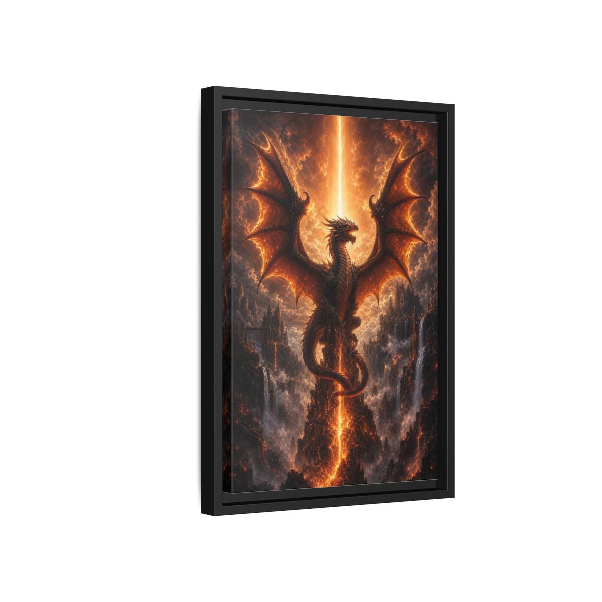Fairytale Dragon Fiery Scene Framed Canvas Wall Art - Living Room, Above Sofa, Orange shown as canvas wall art