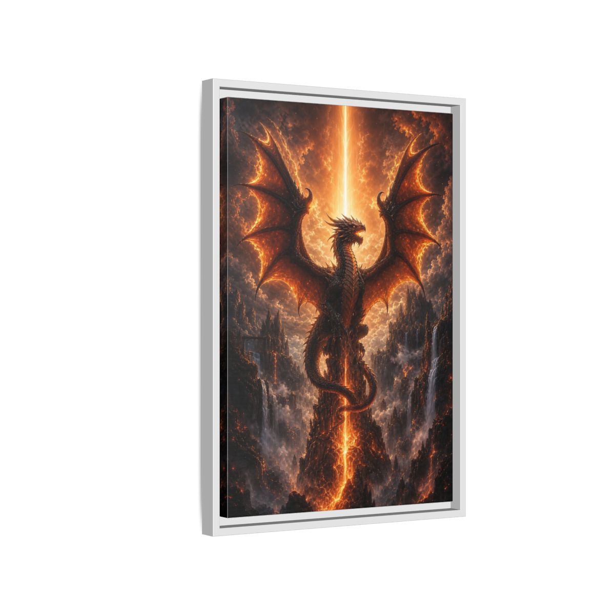 Fairytale Dragon Fiery Scene Framed Canvas Wall Art - Living Room, Above Sofa, Orange shown as canvas wall art