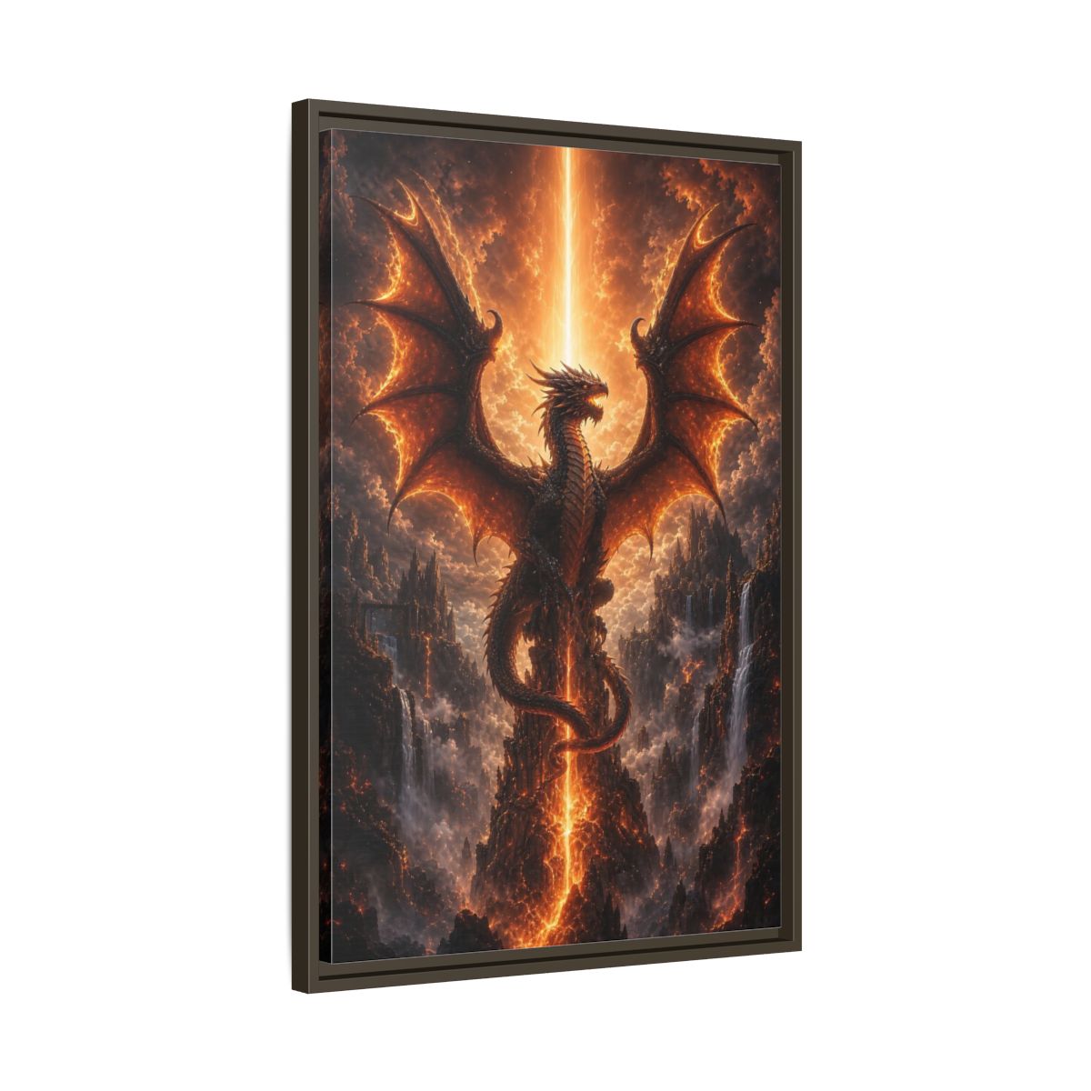 Fairytale Dragon Fiery Scene Framed Canvas Wall Art - Living Room, Above Sofa, Orange shown as canvas wall art