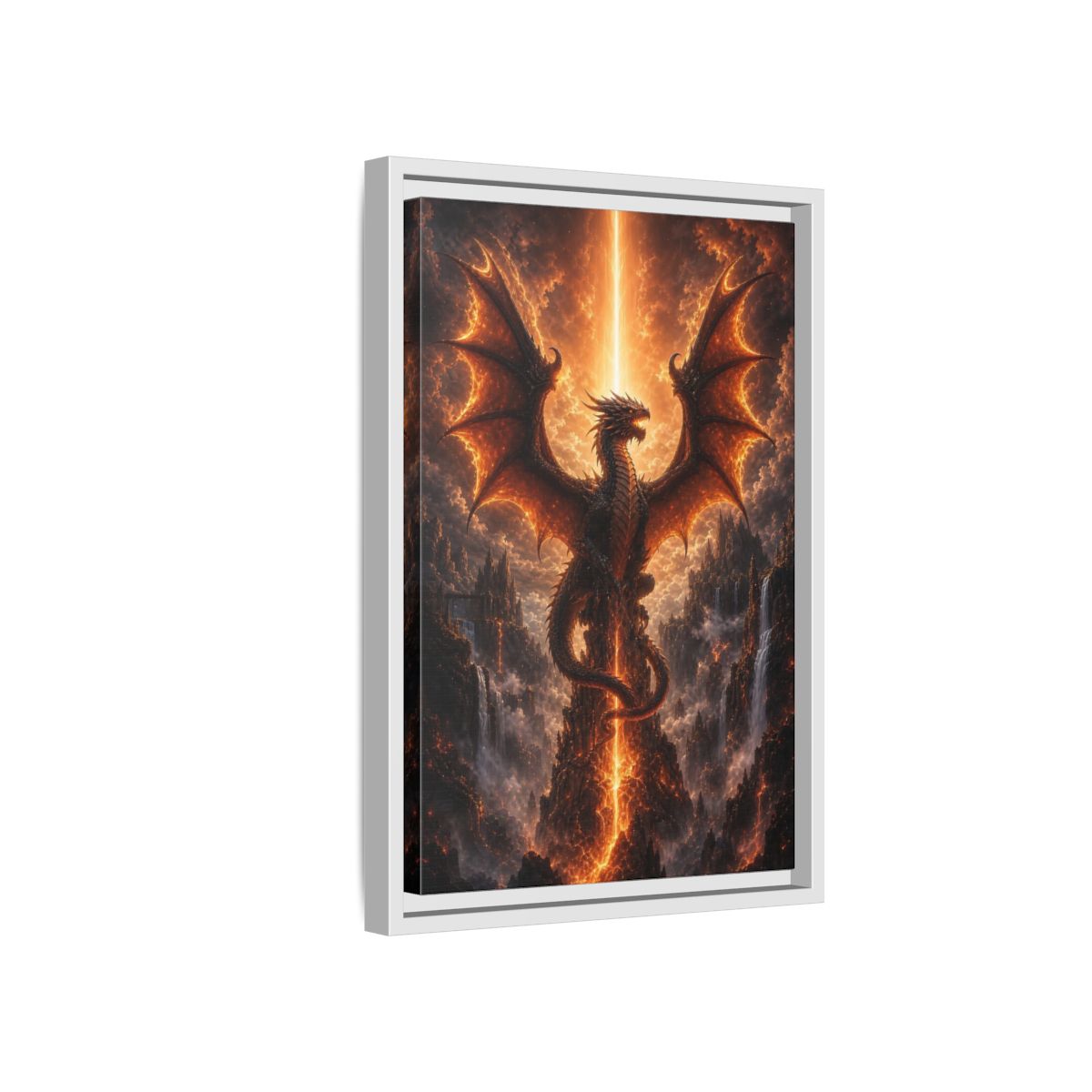Fairytale Dragon Fiery Scene Framed Canvas Wall Art - Living Room, Above Sofa, Orange shown as canvas wall art