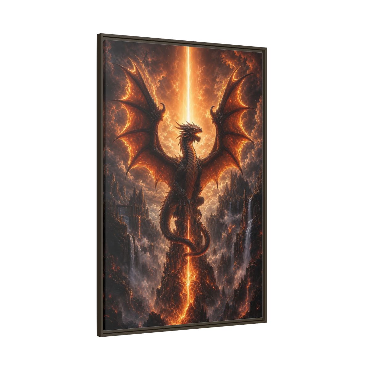 Fairytale Dragon Fiery Scene Framed Canvas Wall Art - Living Room, Above Sofa, Orange shown as canvas wall art