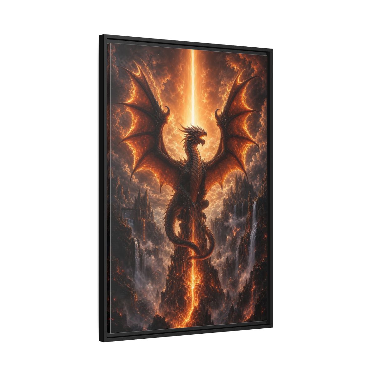 Fairytale Dragon Fiery Scene Framed Canvas Wall Art - Living Room, Above Sofa, Orange shown as canvas wall art
