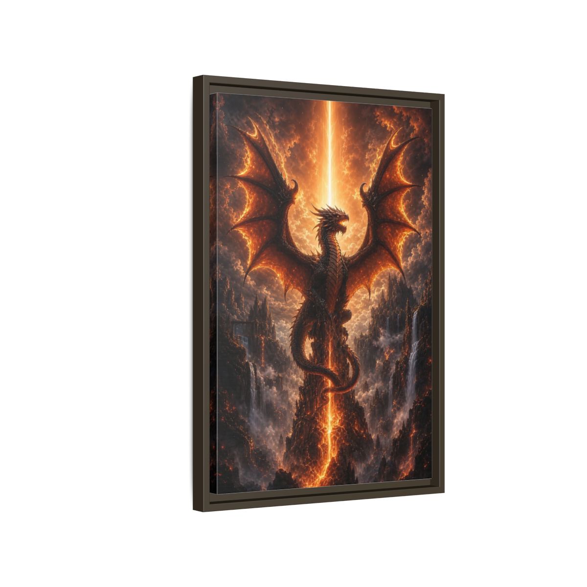 Fairytale Dragon Fiery Scene Framed Canvas Wall Art - Living Room, Above Sofa, Orange shown as canvas wall art