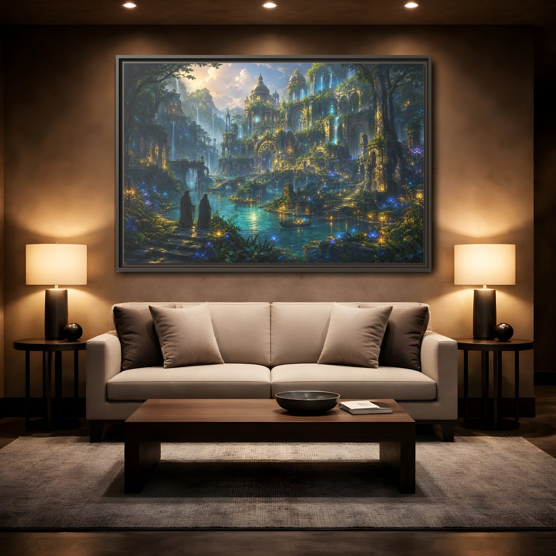 Mockup 2. Fairytale Enchanted City Enchanted City Scape shown as stretched canvas wall art