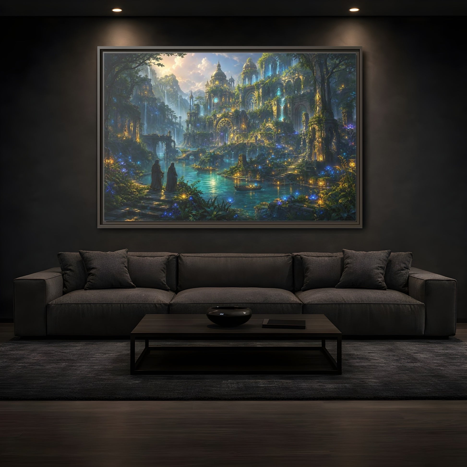 Mockup 3. Fairytale Enchanted City Enchanted City Scape shown as stretched canvas wall art