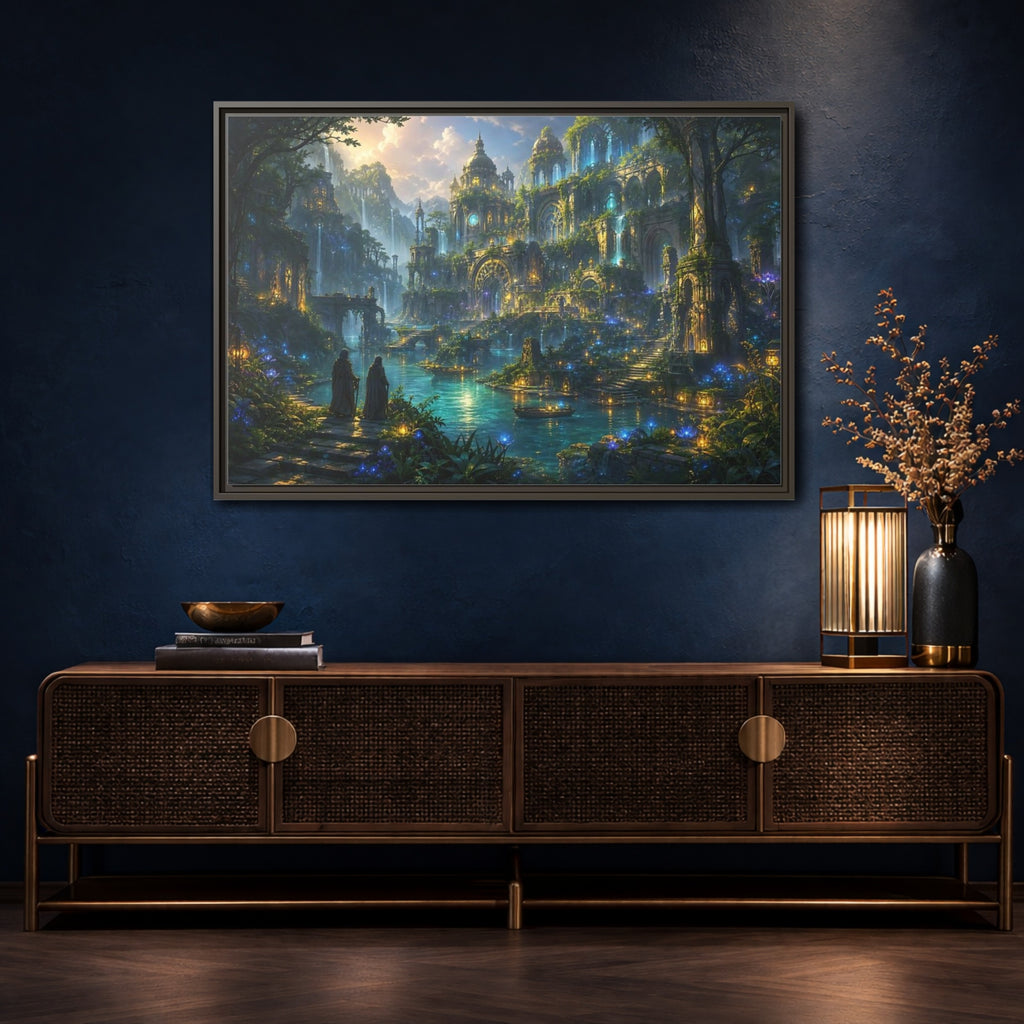 Mockup 4. Fairytale Enchanted City Enchanted City Scape shown as stretched canvas wall art