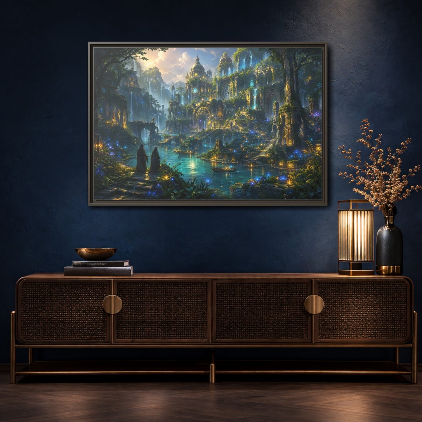 Mockup 4. Fairytale Enchanted City Enchanted City Scape shown as stretched canvas wall art