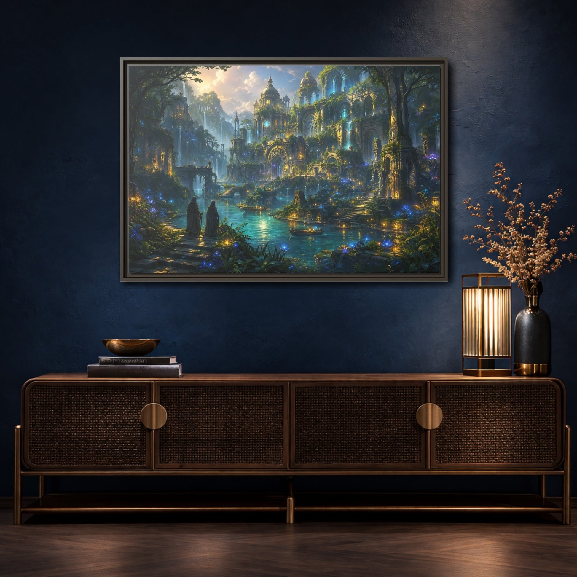 Mockup 4. Fairytale Enchanted City Enchanted City Scape shown as stretched canvas wall art