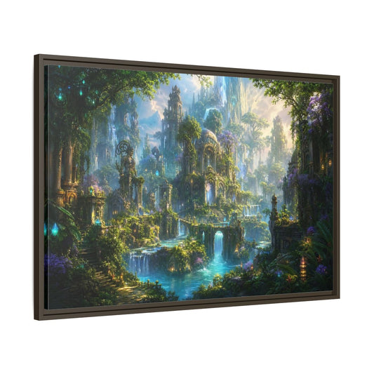 Main Mockup. Fairytale Enchanted City Green And Blue Fantasy shown as stretched canvas wall art