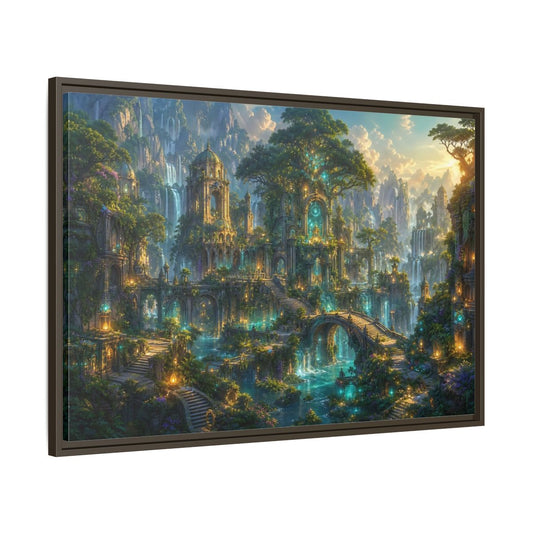 Main Mockup. Fairytale Enchanted City Green And Blue Fantasy shown as stretched canvas wall art