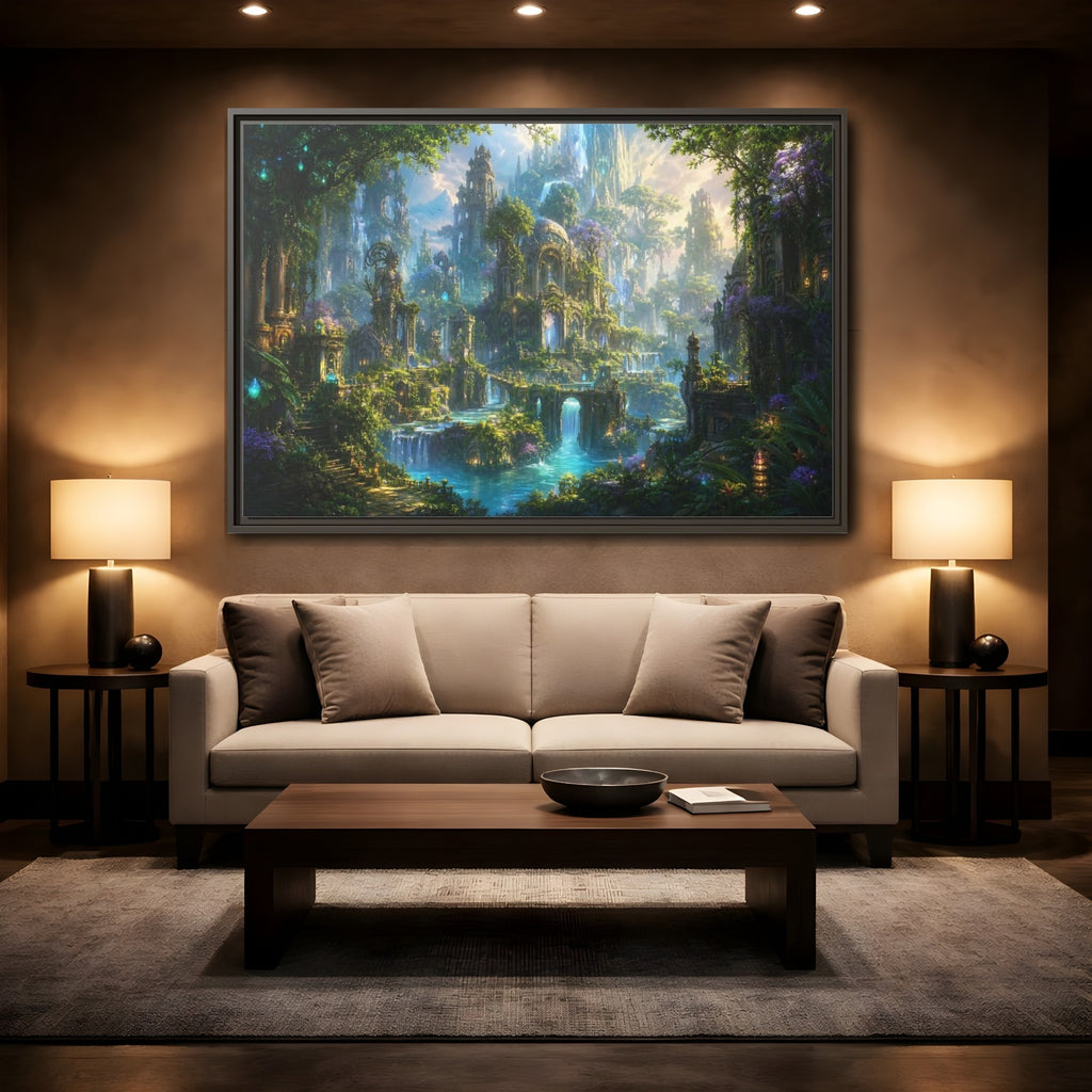 Mockup 2. Fairytale Enchanted City Green And Blue Fantasy shown as stretched canvas wall art