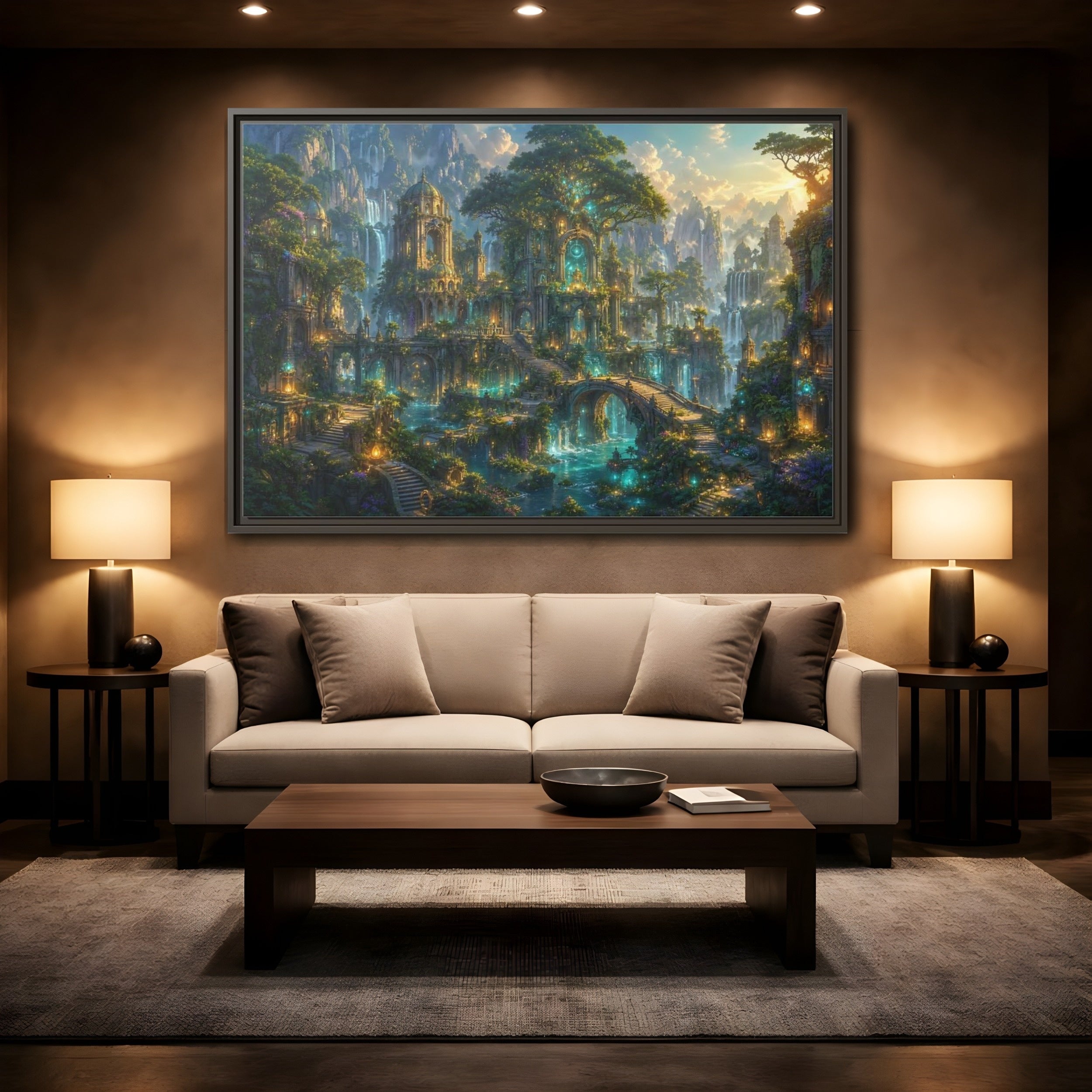 Mockup 2. Fairytale Enchanted City Green And Blue Fantasy shown as stretched canvas wall art
