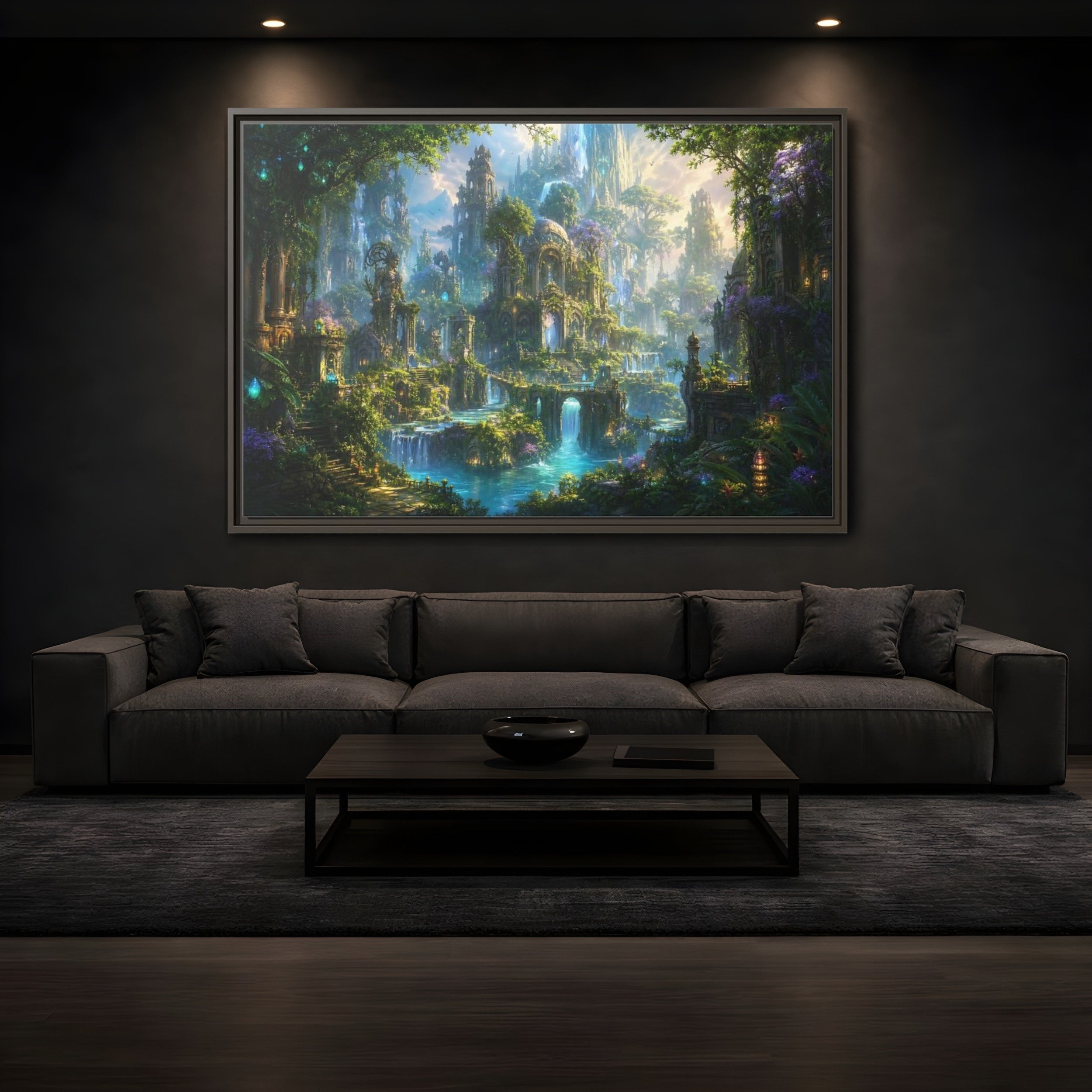 Mockup 3. Fairytale Enchanted City Green And Blue Fantasy shown as stretched canvas wall art