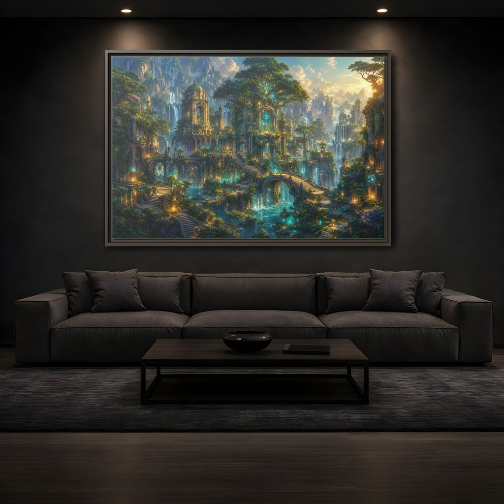Mockup 3. Fairytale Enchanted City Green And Blue Fantasy shown as stretched canvas wall art