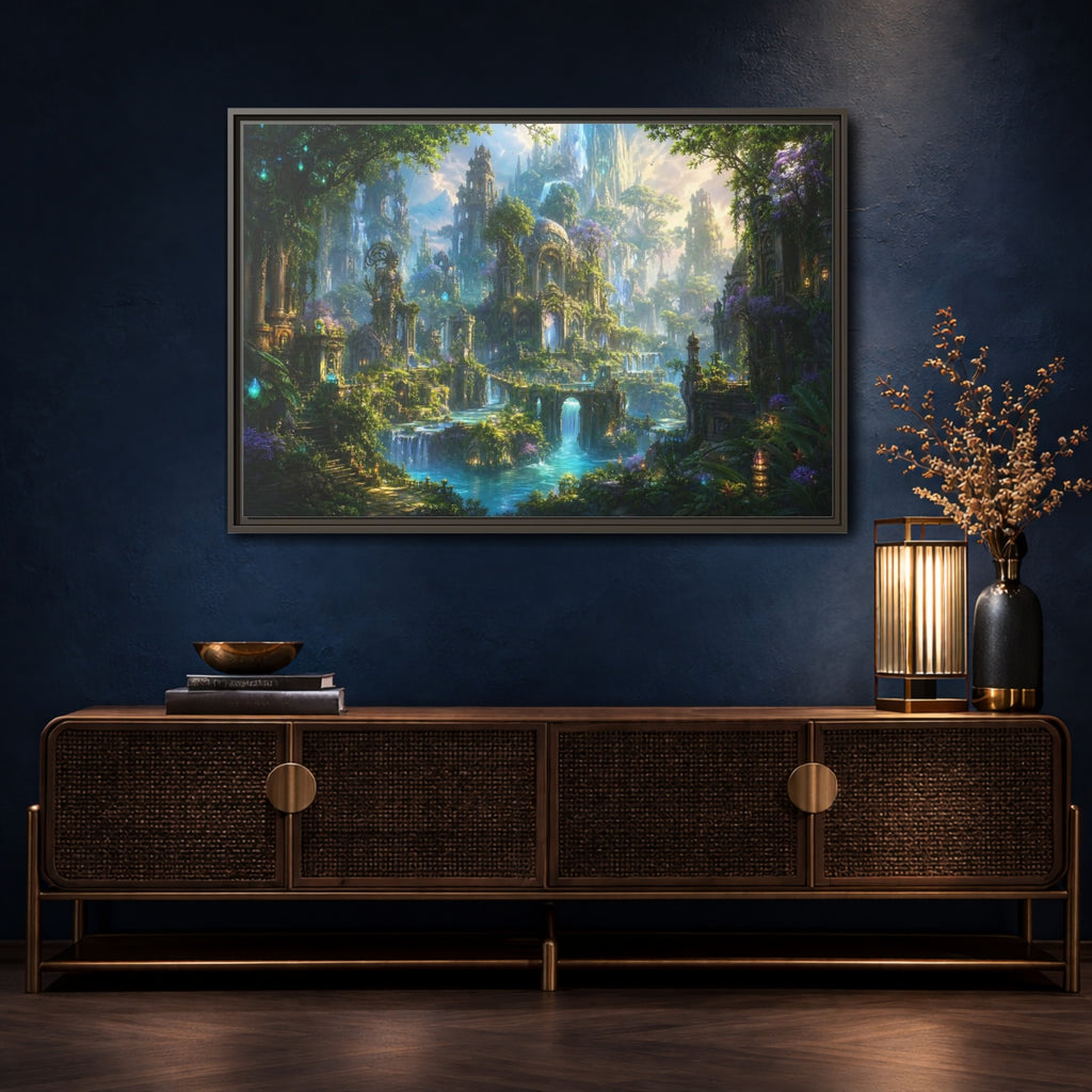 Mockup 4. Fairytale Enchanted City Green And Blue Fantasy shown as stretched canvas wall art