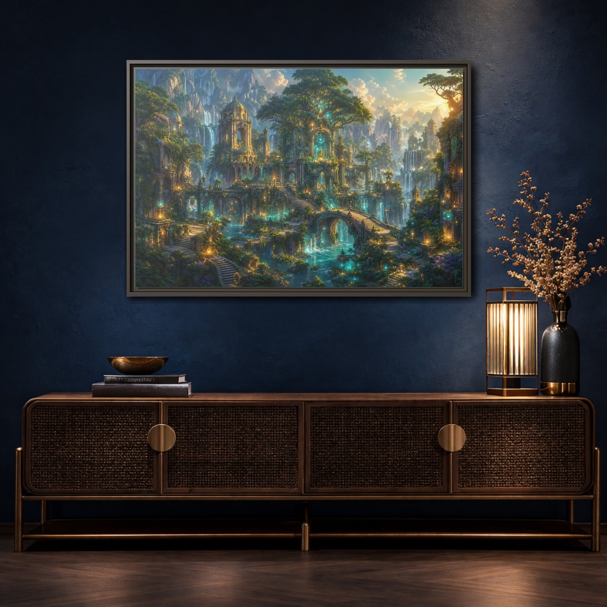 Mockup 4. Fairytale Enchanted City Green And Blue Fantasy shown as stretched canvas wall art